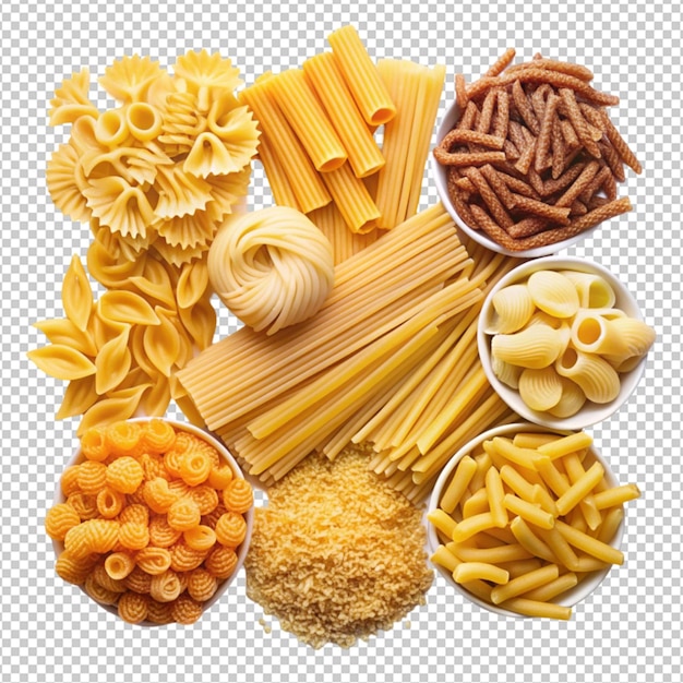 Collection of different italian pasta types isolated on transparent background