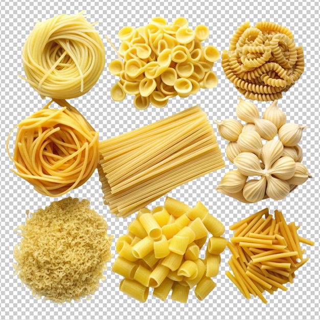 Collection of different italian pasta types isolated on transparent background