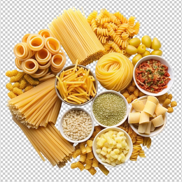 Collection of different italian pasta types isolated on transparent background