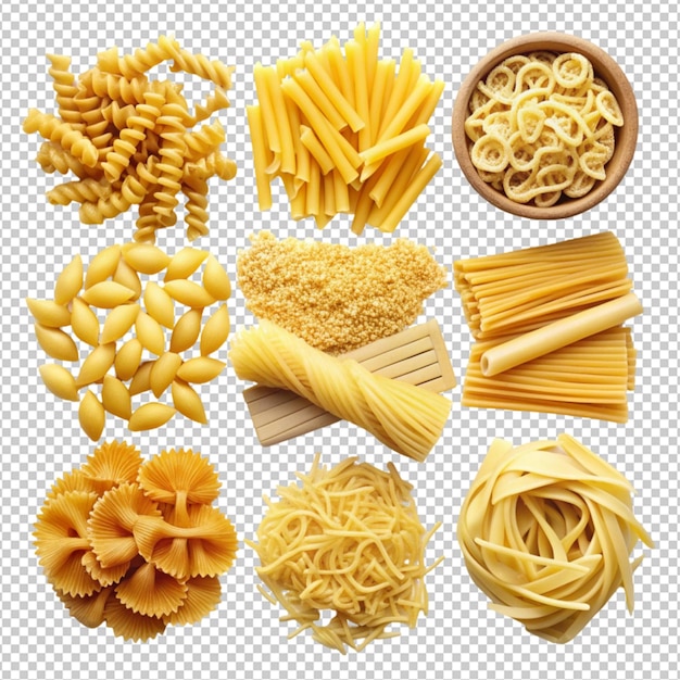 Collection of different italian pasta types isolated on transparent background