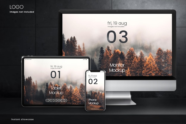 Collection of Digital Screen Mockups on dark concrete background