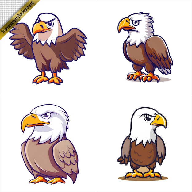 PSD collection of eagle birds in cartoon style with no background