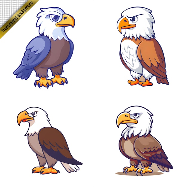 PSD collection of eagle birds in cartoon style with no background