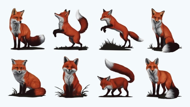 PSD a collection of eight distinct and captivating vector silhouettes of foxes