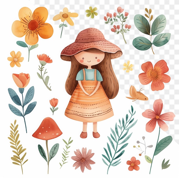 PSD a collection of flowers and plants including a girl and a hat