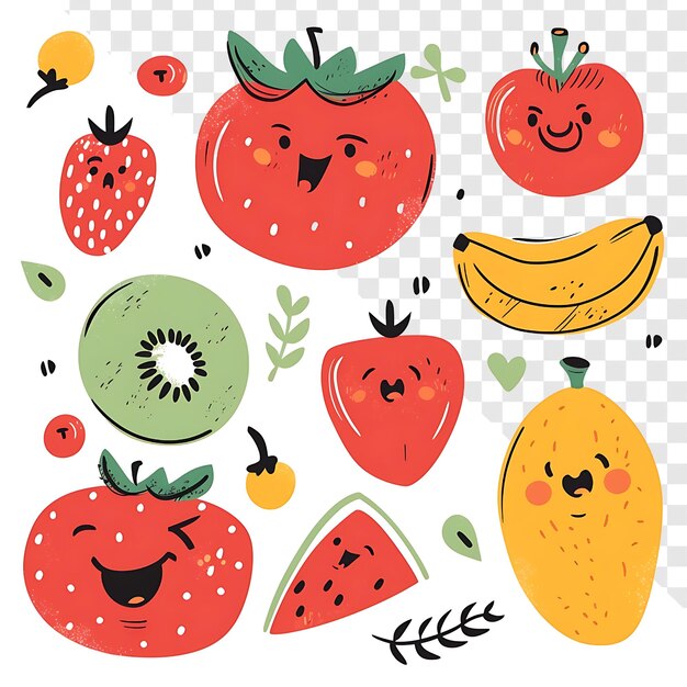 a collection of fruits including one that says happy face