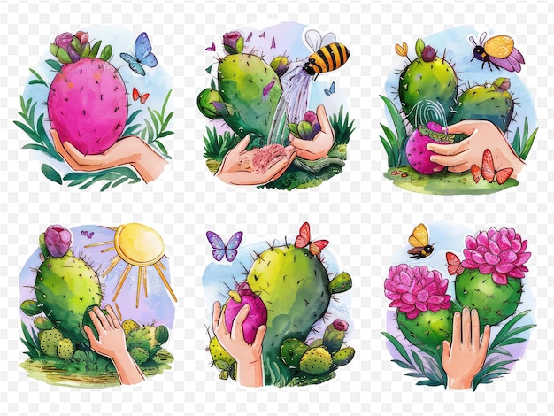 a collection of illustrations with a hand holding a cactus and flowers