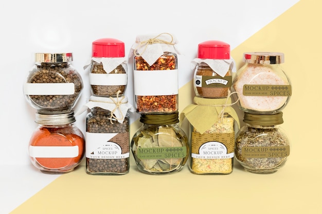 Collection of labeling jars with spices