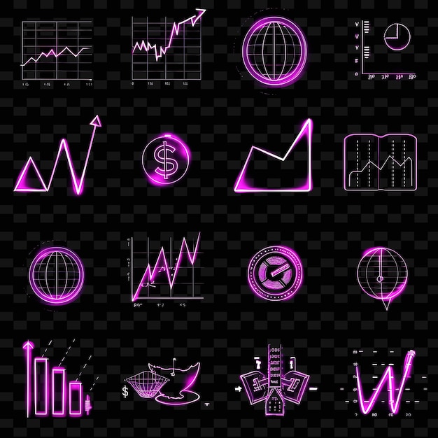 PSD collection of market data icons with flickering neon effect set png iconic y2k shape art decorative