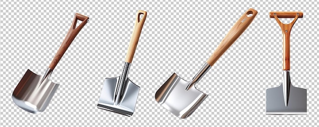 PSD collection of metal shovels with wooden handle isolated on transparent background