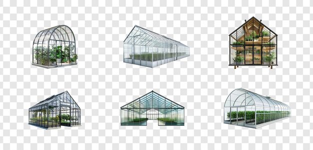 PSD collection of modern greenhouse 3d rendering front view isolate on transparency background