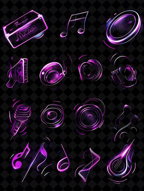 PSD collection of music icons with flickering neon glow in graff creative set neon color y2k collection