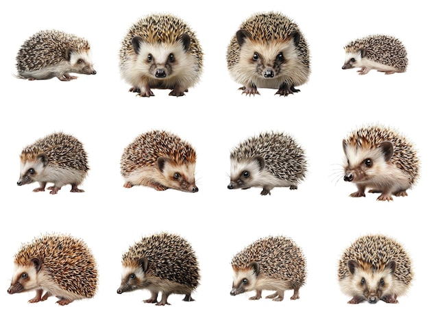 PSD a collection of nine european hedgehogs in various poses