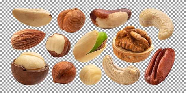 Collection of nuts isolated on a transparent background