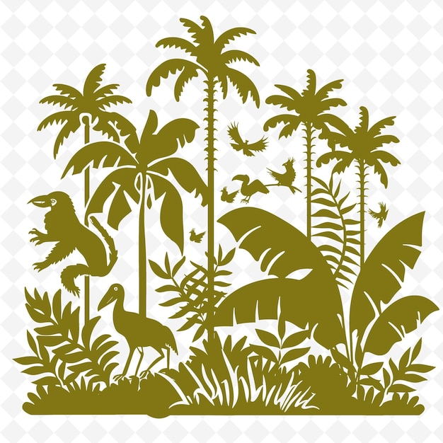 a collection of palm trees and animals in the wild