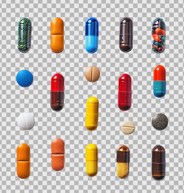 PSD a collection of pills on isolated transparent background