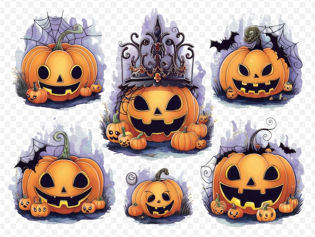 a collection of pumpkins including one that has a black crown on it