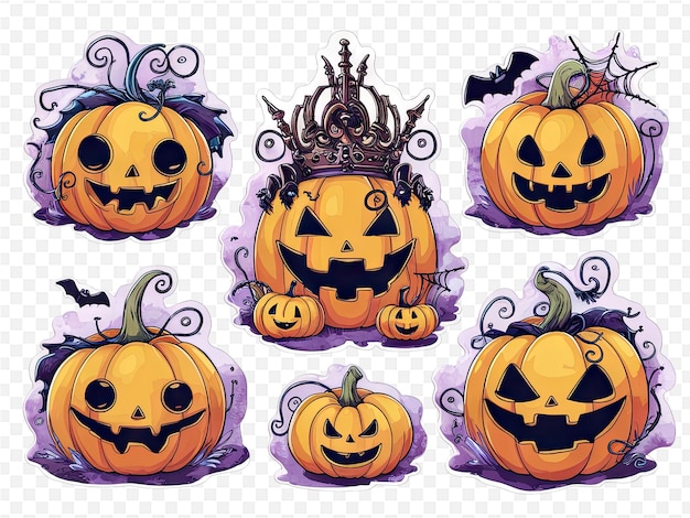 a collection of pumpkins including one that has a crown on it