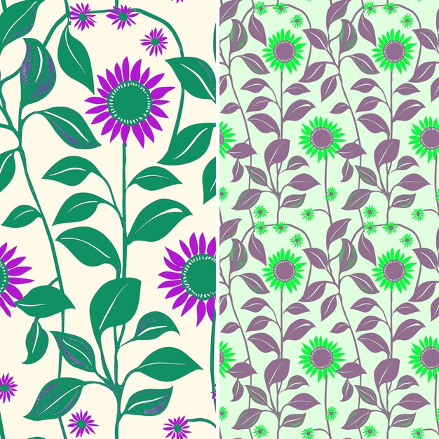 a collection of purple flowers and green leaves