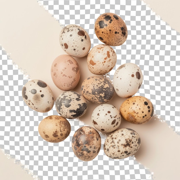 a collection of quail eggs with a white background with a checkered pattern