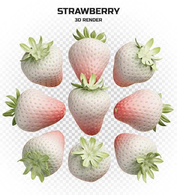 collection of realist 3d render riped white strawberries in high resolution with many perspectives