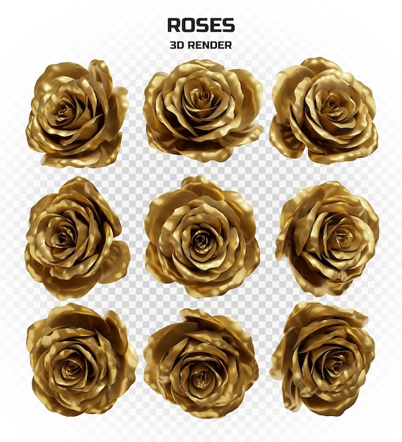 PSD collection of realistic 3d render glossy golden roses in high resolution with many perspectives