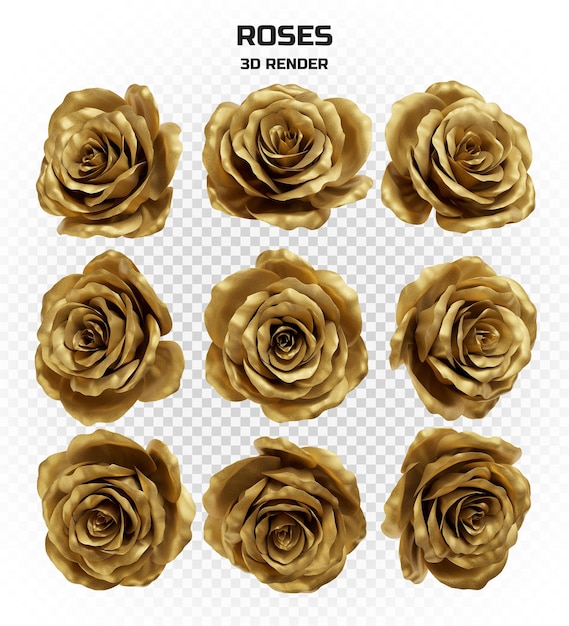 Collection of realistic 3d render matte golden roses in high resolution with many perspectives