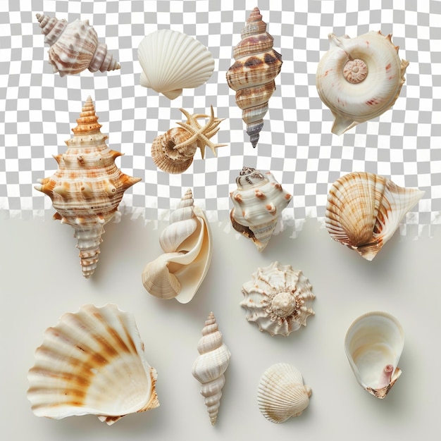 PSD a collection of sea shells and a shell are shown on a checkered background