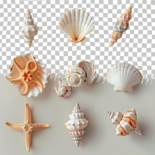 PSD a collection of sea shells and starfish on a white background