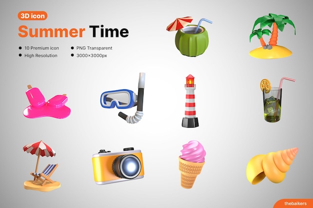 PSD collection set of 3d summer icons beach and summer time