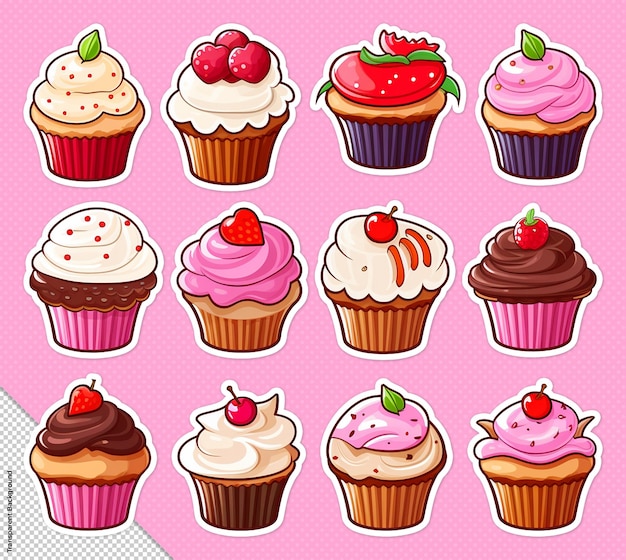 Collection Set of Cupcakes Stickers Isolated on Clean Background