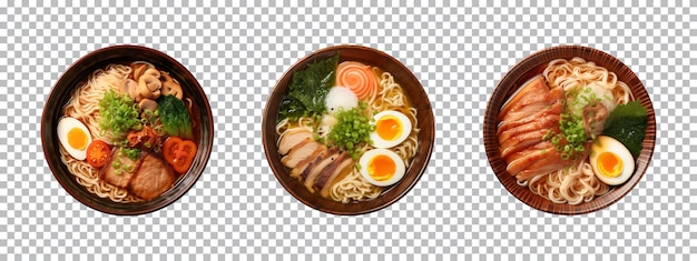 PSD collection set top view of japanese ramen noodle soup isolated on a transparent background