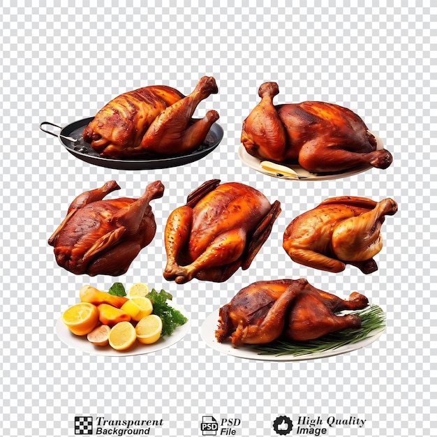 collection set of whole grilled chickens isolated on transparent background