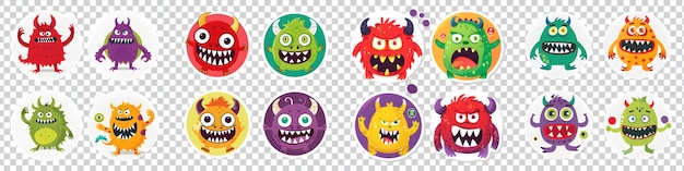 PSD a collection of sticker with monsters isolated on transparent background