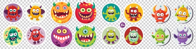 PSD a collection of sticker with monsters isolated on transparent background