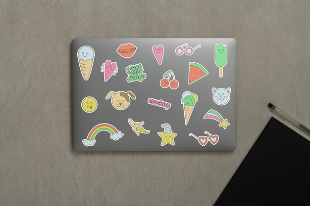 Collection of stickers on laptop computer