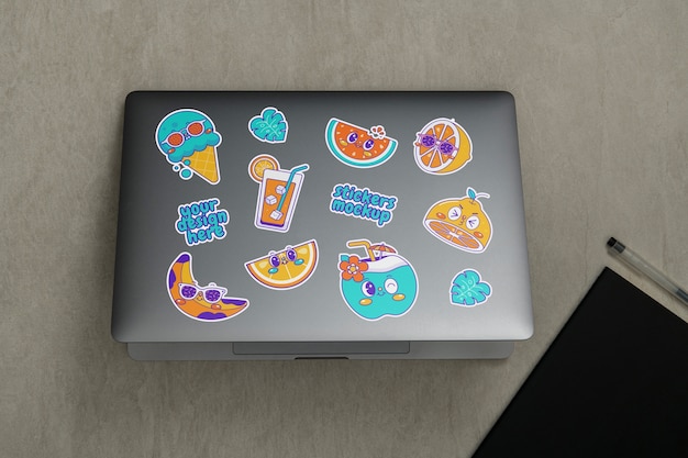 Collection of stickers on laptop computer