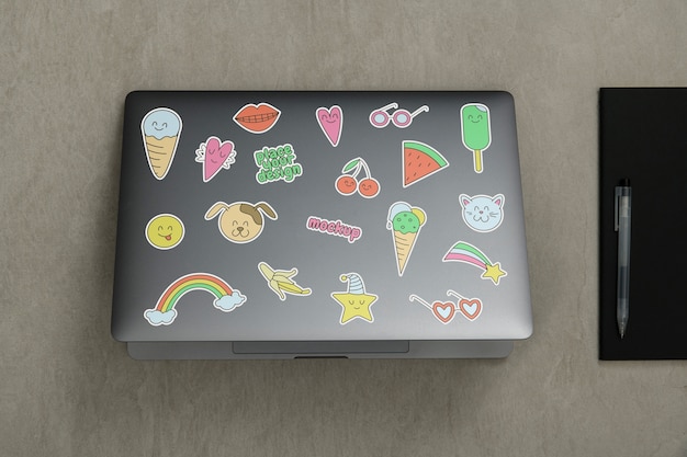 Collection of stickers on laptop computer