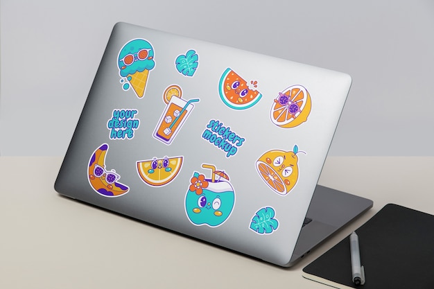 Collection of stickers on laptop computer