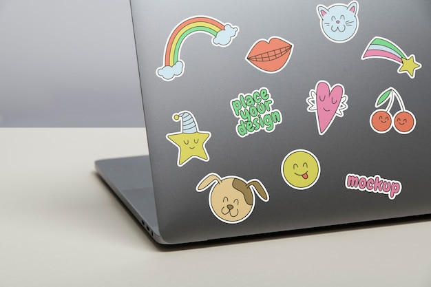 PSD collection of stickers on laptop computer