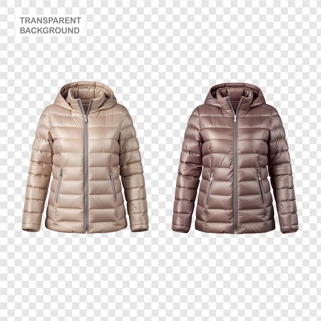 PSD a collection of stylish longsleeve puffer jackets with hoods for ladies shown against