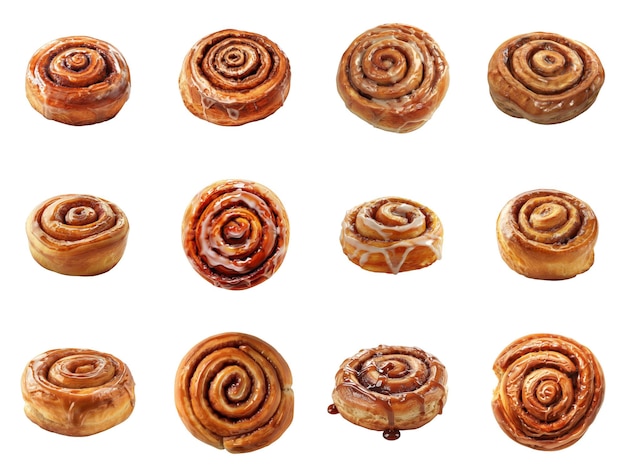 PSD a collection of twelve glazed cinnamon rolls