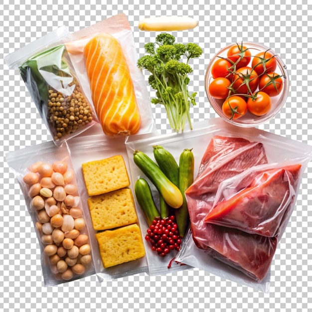 A collection of various food items packed in plastic bags suitable for a variety of uses