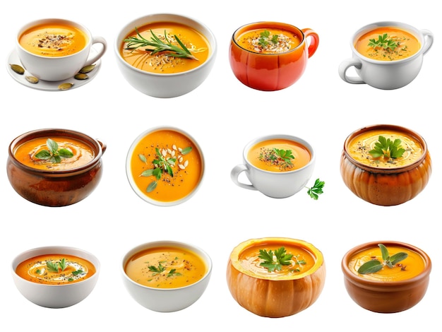 PSD a collection of various pumpkin soups served in different bowls