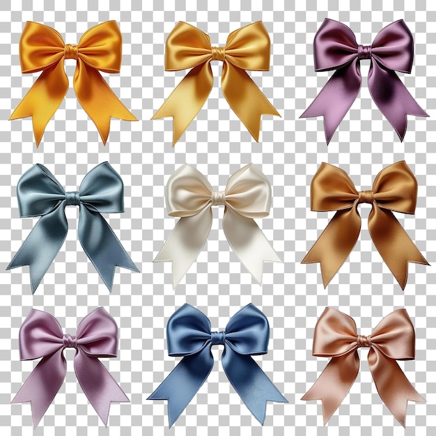 collection of various satin ribbon bows on transparent background