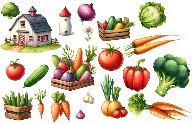 PSD a collection of vegetables including carrots onions and a house