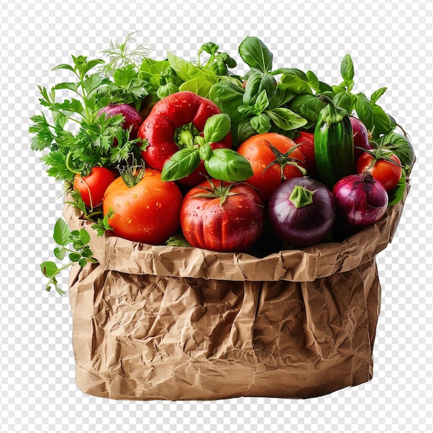 PSD collection of vegetables in a paper bag isolated on transparent background generative ai