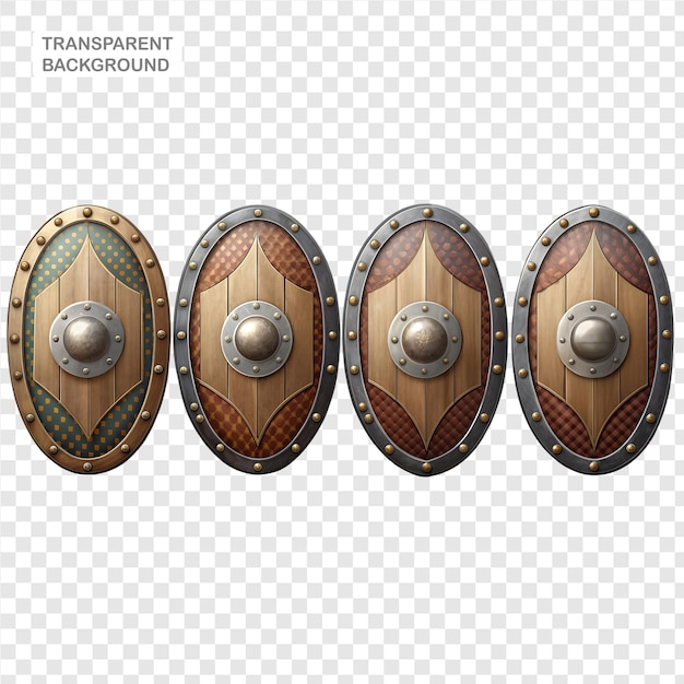 PSD collection of vintage traditional warrior shields set apart against a clear backdrop