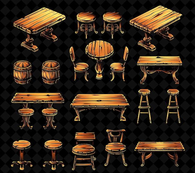 a collection of wooden tables including one that has the same design as the other