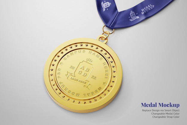 college graduation award round gold medal with ribbon strap editable realistic mockup